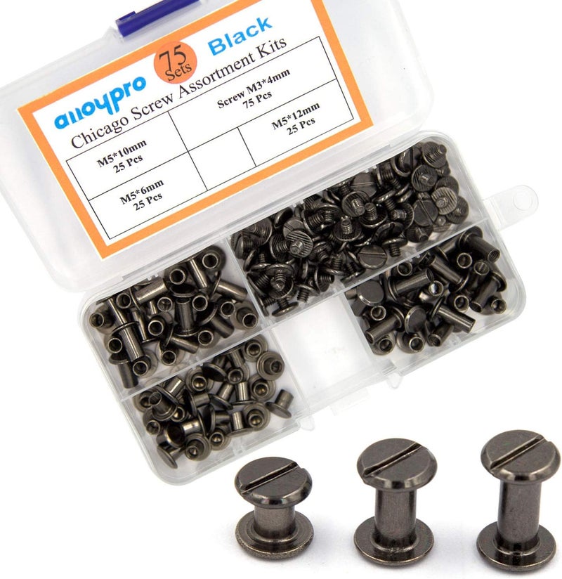 ALLOYPRO 75 Sets Chicago Screws Assorted Kit 3 Sizes Gun Meta Leather Rivets 1/4 3/8 1/2 Screw Rivets Flat Fillister Book Binding Posts Nail Rivet Chicago Bolts for DIY Leather Craft (5 x 6,10,12) - Image 1